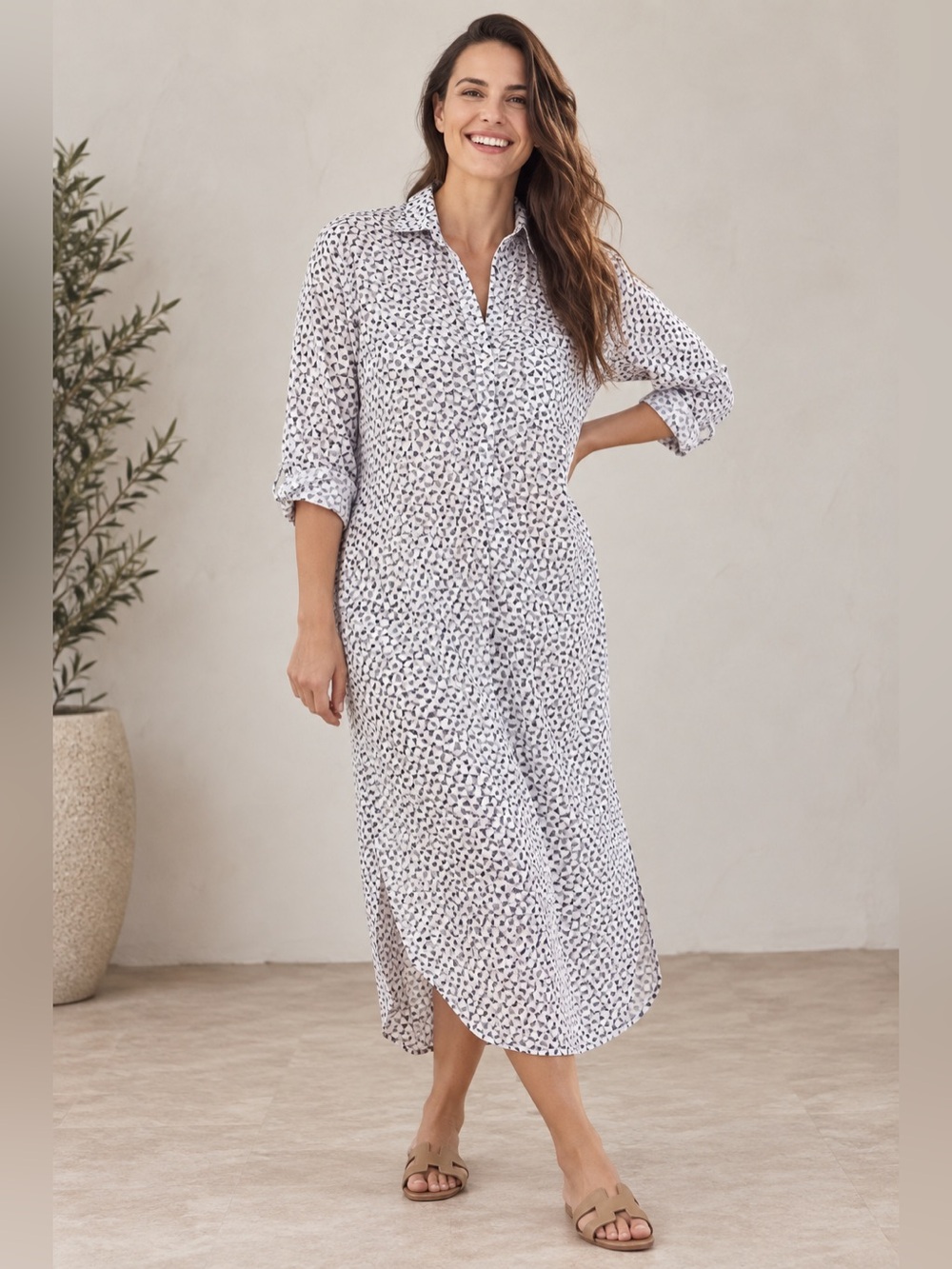 Frank & Eileen Rory 100% Linen Maxi Button Up Dress Black and White Dots Large
